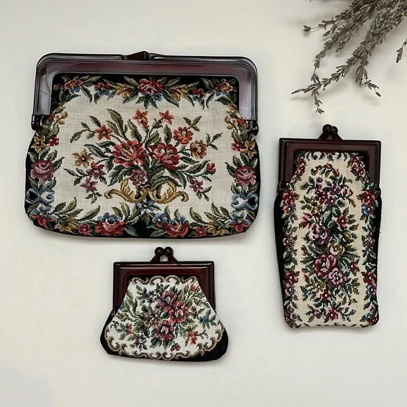 Vintage Tapestry Matching Set Purse Handbag Clutch Coin Purse Glasses Pouch 3pc - Picture 4 of 10